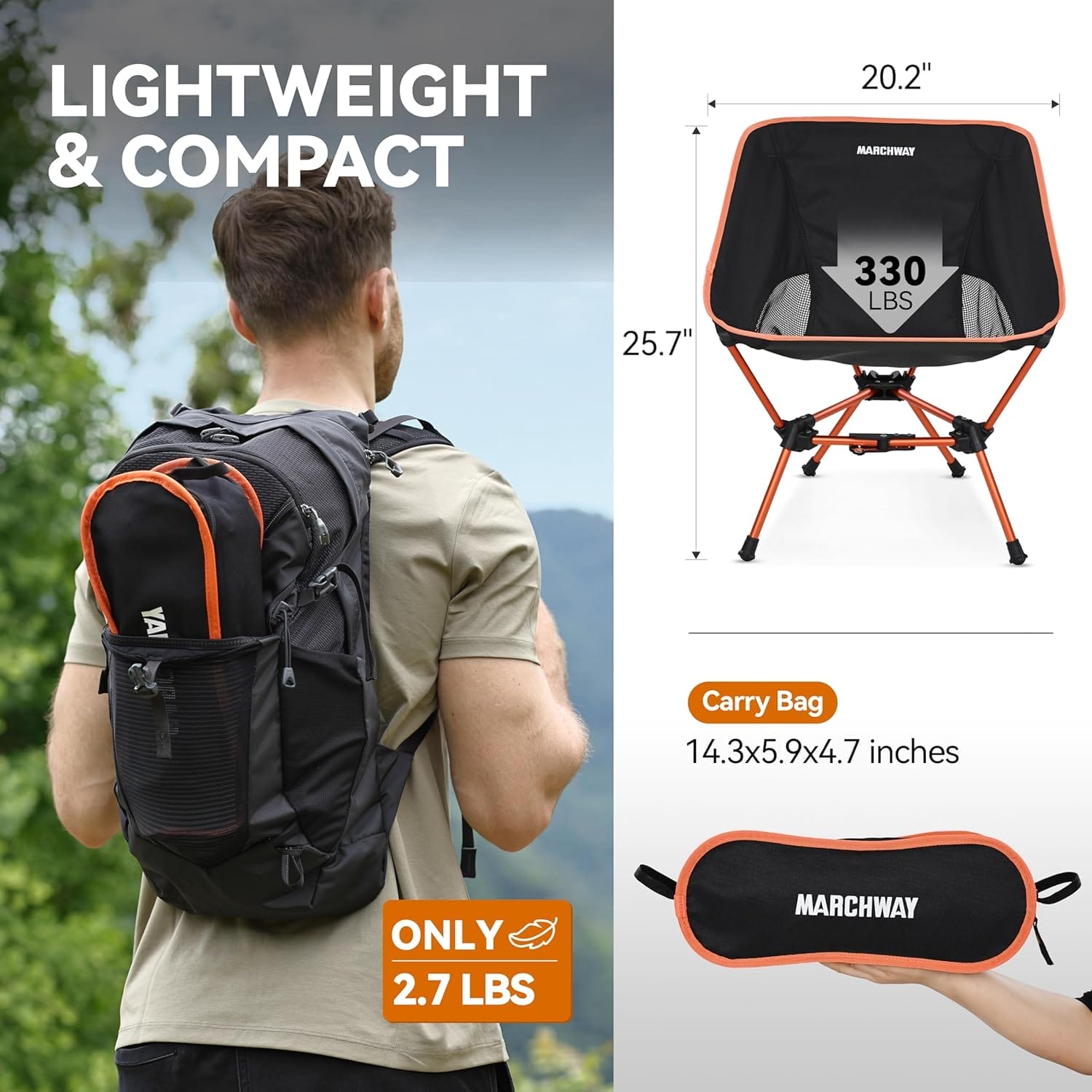 MARCHWAY Lightweight Folding Camping Chair with Spring Lock, Stable Compact Portable for Outdoor Camp, Travel, Beach, Picnic, Festival, Hiking, Backpacking (Lowback Orange) - Image 3
