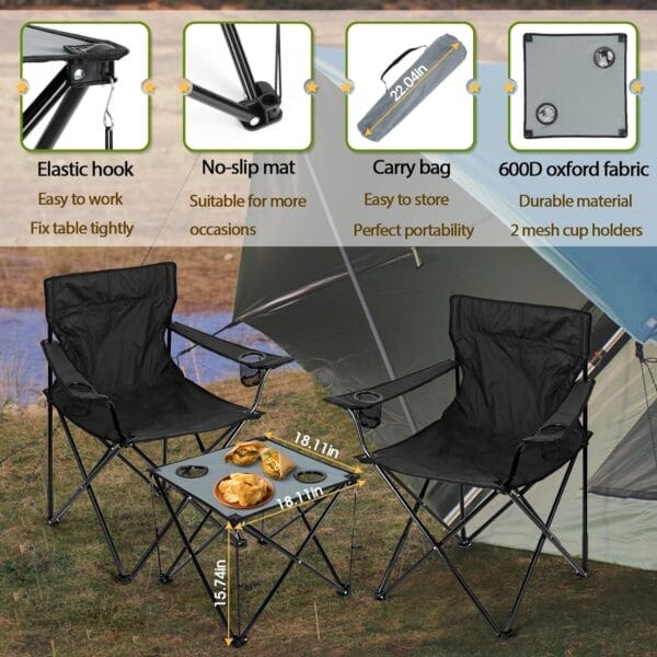 HaSteeL Folding Camping Chair Set of 3, Foldable Black Camp Chairs & Grey Table, Large Lawn Chair Portable for Adults Hiking, Fishing, Picnic, Outdoor BBQ, Travel, Sports, Cup Holders & Storage Bags - Image 4
