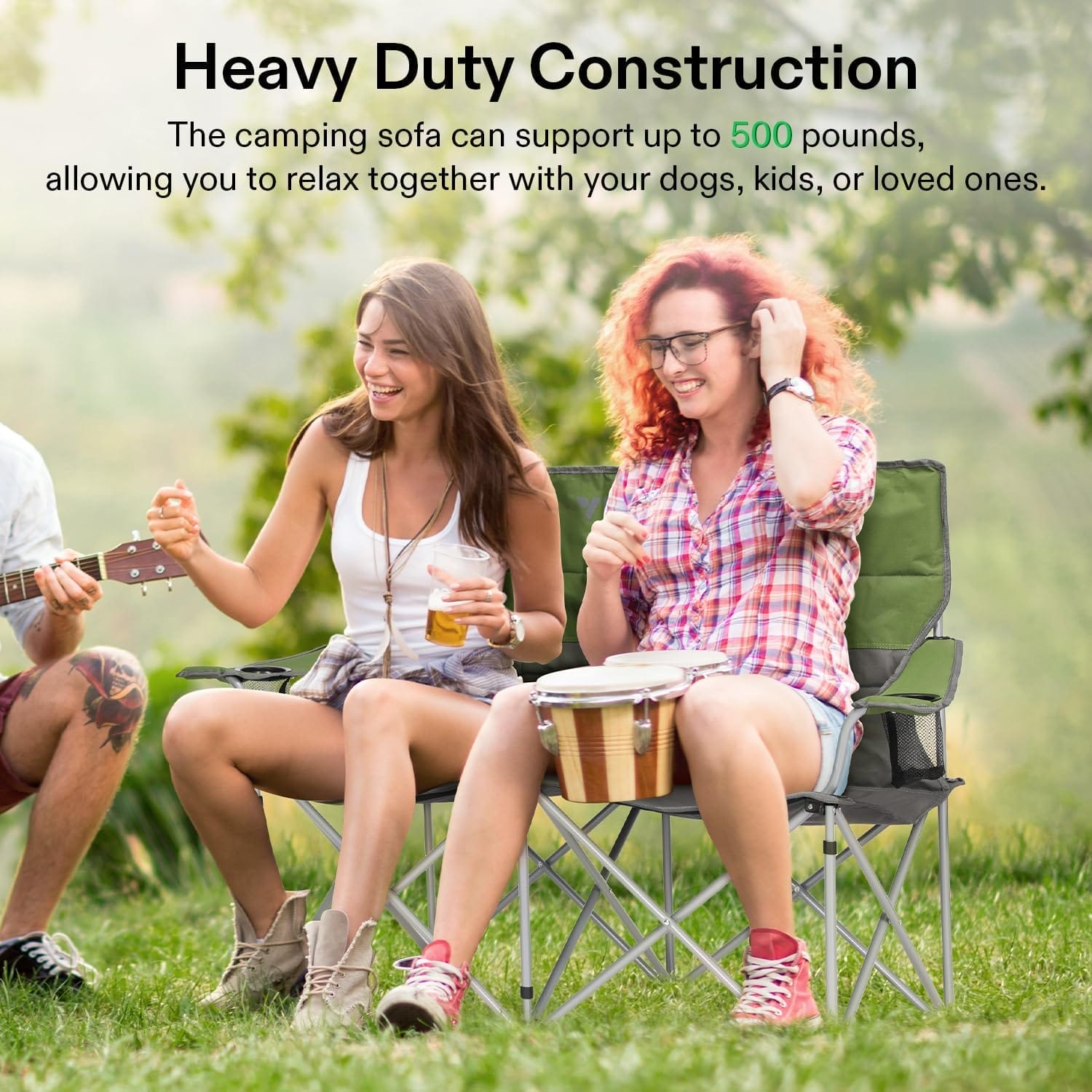 VIVOSUN Double Camping Chair, Fully Padded Folding Loveseat, Portable Oversized Duo Chair with Storage Cup Holders, Height-Adjustable Armrests & Carry Bag, Supports up to 500lbs, Green & Grey - Image 3