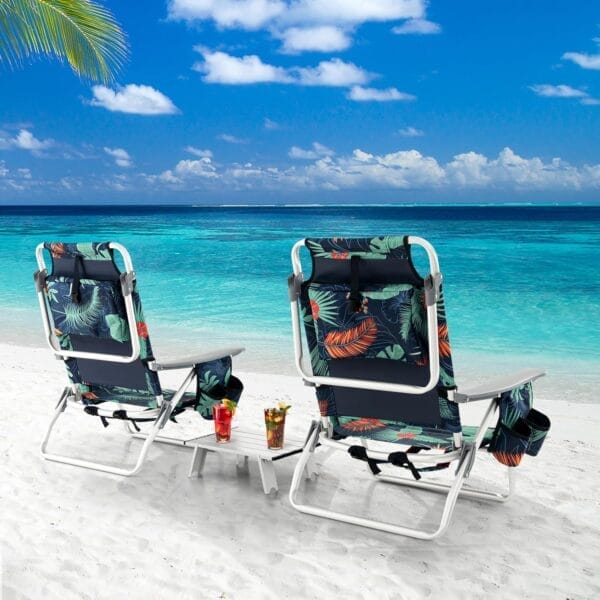 Goplus Beach Chair, Folding Backpack Beach Chairs for Adults with 5 Positions, Head Pillow, Cooler Bag, Towel Bar, Cup Holders, Sunbath Sling Tanning Lounge, Foldable Layout Camping Chairs - Image 2