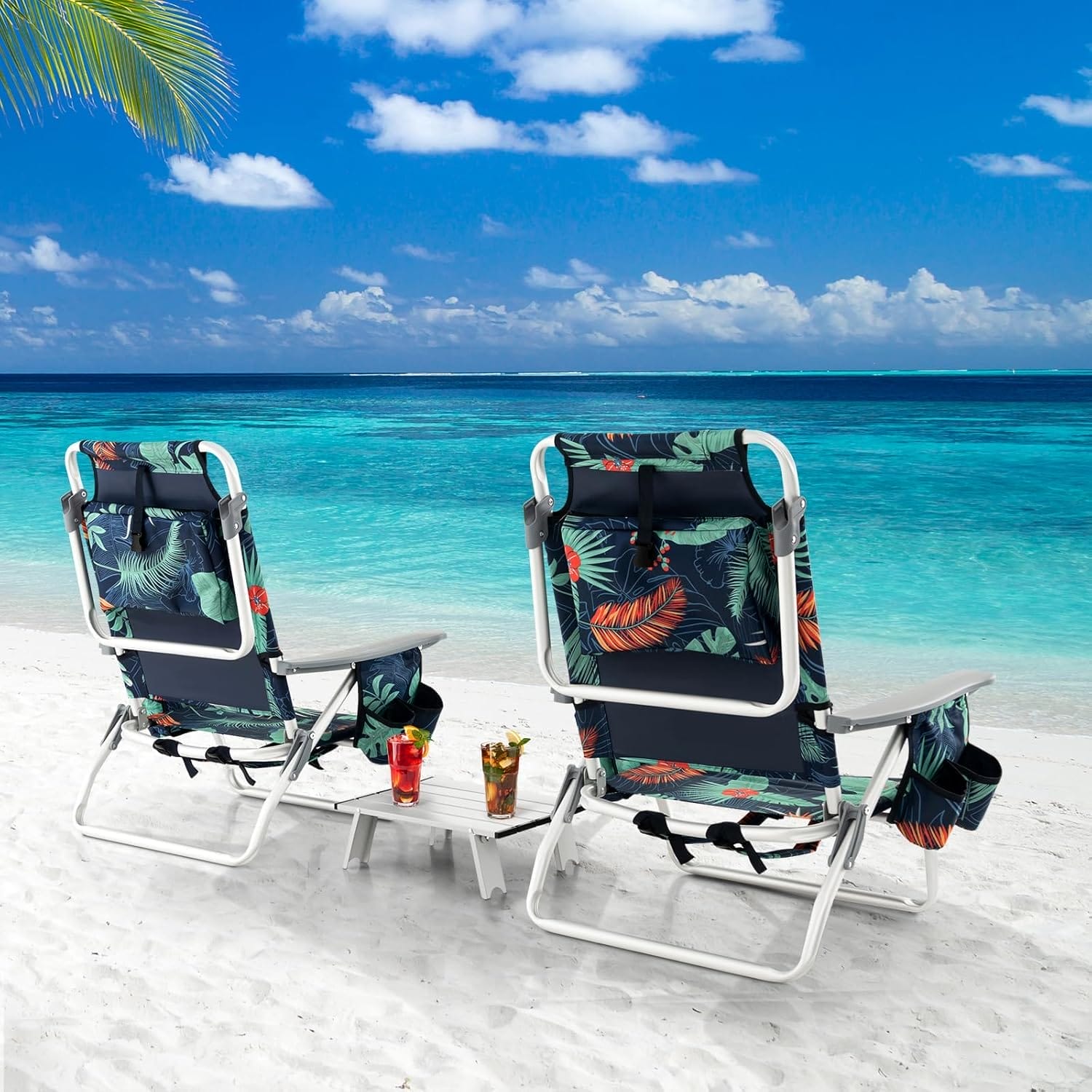 Goplus Beach Chair, Folding Backpack Beach Chairs for Adults with 5 Positions, Head Pillow, Cooler Bag, Towel Bar, Cup Holders, Sunbath Sling Tanning Lounge, Foldable Layout Camping Chairs - Image 2