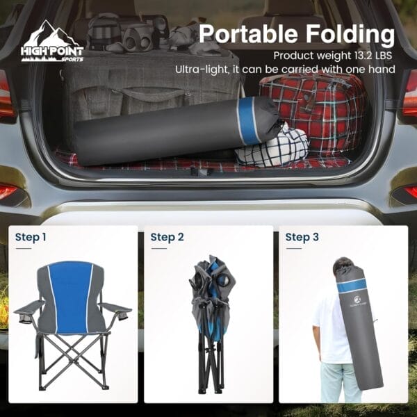 Portable Camping Chair, Heavy Duty Outdoor Folding Chair with Armrest, Foldable Camp Chair with Cup Holder, Portable Lawn Chair for Adults Support 350 LBS, Blue-Gray - Image 6