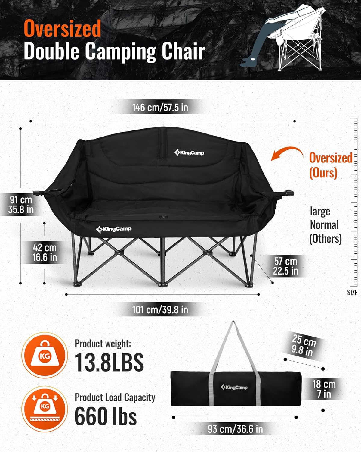 KingCamp Double Camping Chair, Oversized Heavy Duty Loveseat for Adults Portable Folding XL 2 Person Couch Padded Comfortable Two Seat with Cup Holder for Outdoor Lawn Backyard - Image 2