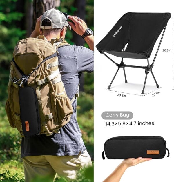 CAMEL CROWN Portable Camping Chair Folding Compact Lawn Lightweight Backpacking Chair with Carry Bag for Outdoor Hiking Beach Travel Picnic Festival Black - Image 3