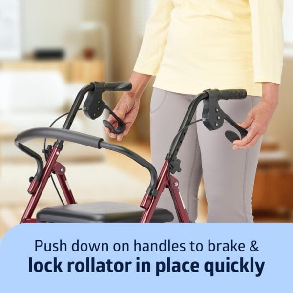 Medline Steel Rollator Walker with Seat, Burgundy, 350 lb. Weight Capacity, 6” Wheels, Foldable, Adjustable Handles, Rolling Walker for Seniors, Walker for Mobility Impaired - Image 7