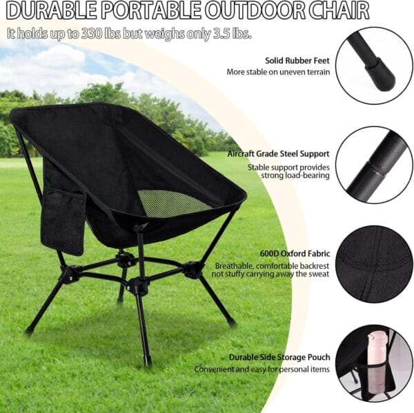 Ultralight Portable Camping Beach Chairs Compact Folding Lawn Chair Outdoor Lightweight Backpack Camp Chair for Adults Backpacking Chair with Pocket for Outside Travel Picnic & Hiking, Support 330 LBS - Image 3