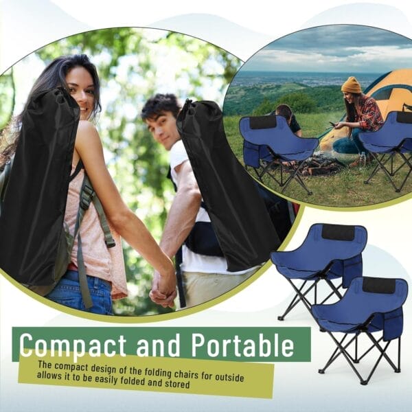 2 Pack Compact Camping Chairs Portable Folding for Outside with Carry Bag Lightweight Moon Chairs for Travel Picnic Hiking Beach Fishing, 600D Oxford, Supports 330lbs(Blue) - Image 6