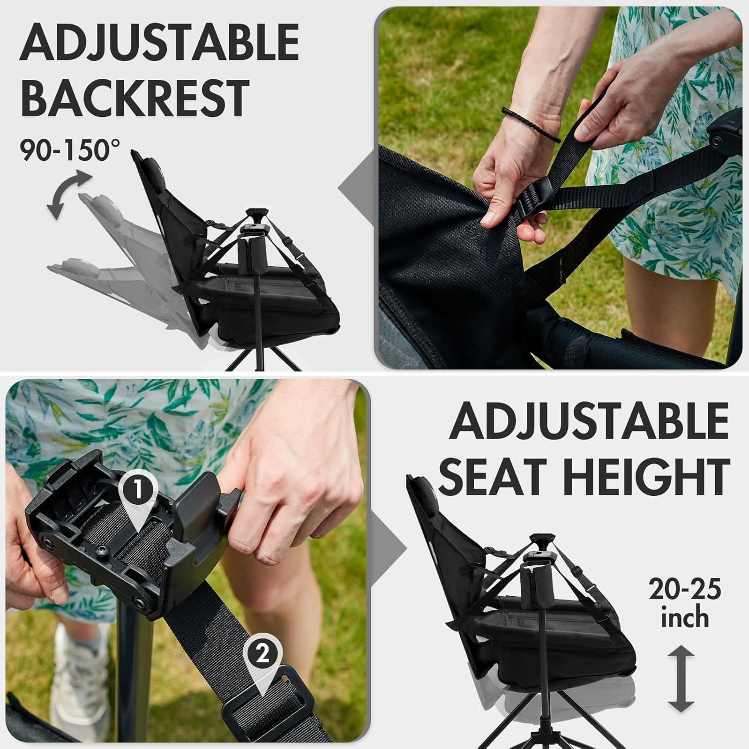 PORTAL Hammock Camping Chair, Portable Outdoor Swinging Chairs, Rocking Chair for Adults with Adjustable Back and Height for Lawn, Backyard, Patio, Supports 400 lbs, Breathable Mesh High Back, Black - Image 4