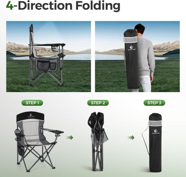 ALPHA CAMP Oversized Mesh Back Camping Folding Chair Heavy Duty Support 350 LBS Collapsible Steel Frame Quad Chair Padded Arm Chair with Cup Holder Portable for Outdoor (Black/Grey) - Image 8