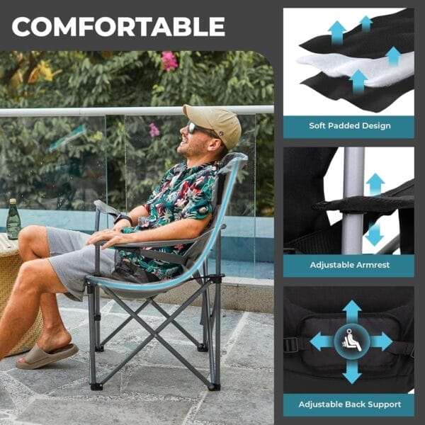 FUNDANGO Folding Camping Chair Heavy Duty, Oversized 440 Lbs Support Outdoor Camp Chairs with Lumbar Support & Cooler Pocket for Fishing Backyard Sports Beach Garden (Black/Grey) - Image 3