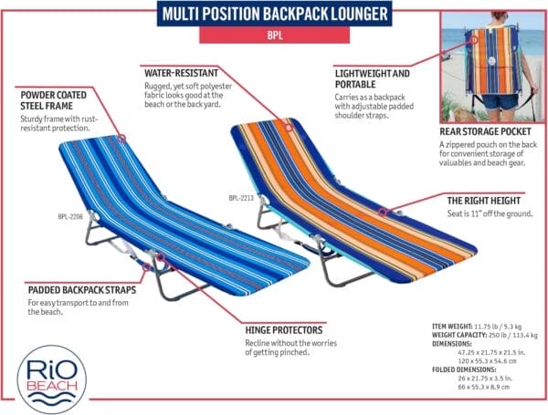 Rio Beach Portable Lay Flat Folding Backpack Beach Lounge Chair with Backpack Straps and Storage Pouch, Blue and Red - Image 7