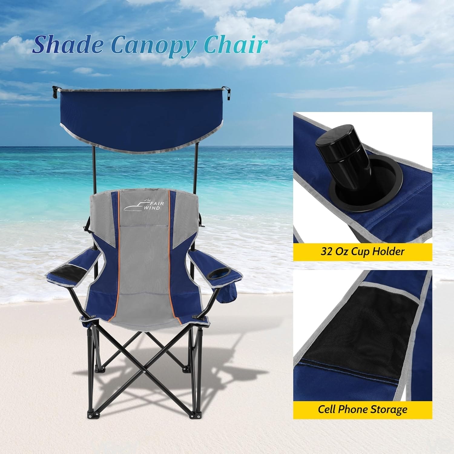 FAIR WIND Oversized Camping Lounge Chair with Adjustable Shade Canopy, Heavy Duty Quad Fold Chair Arm Chair - Support 350 LBS(Blue Grey) - Image 5