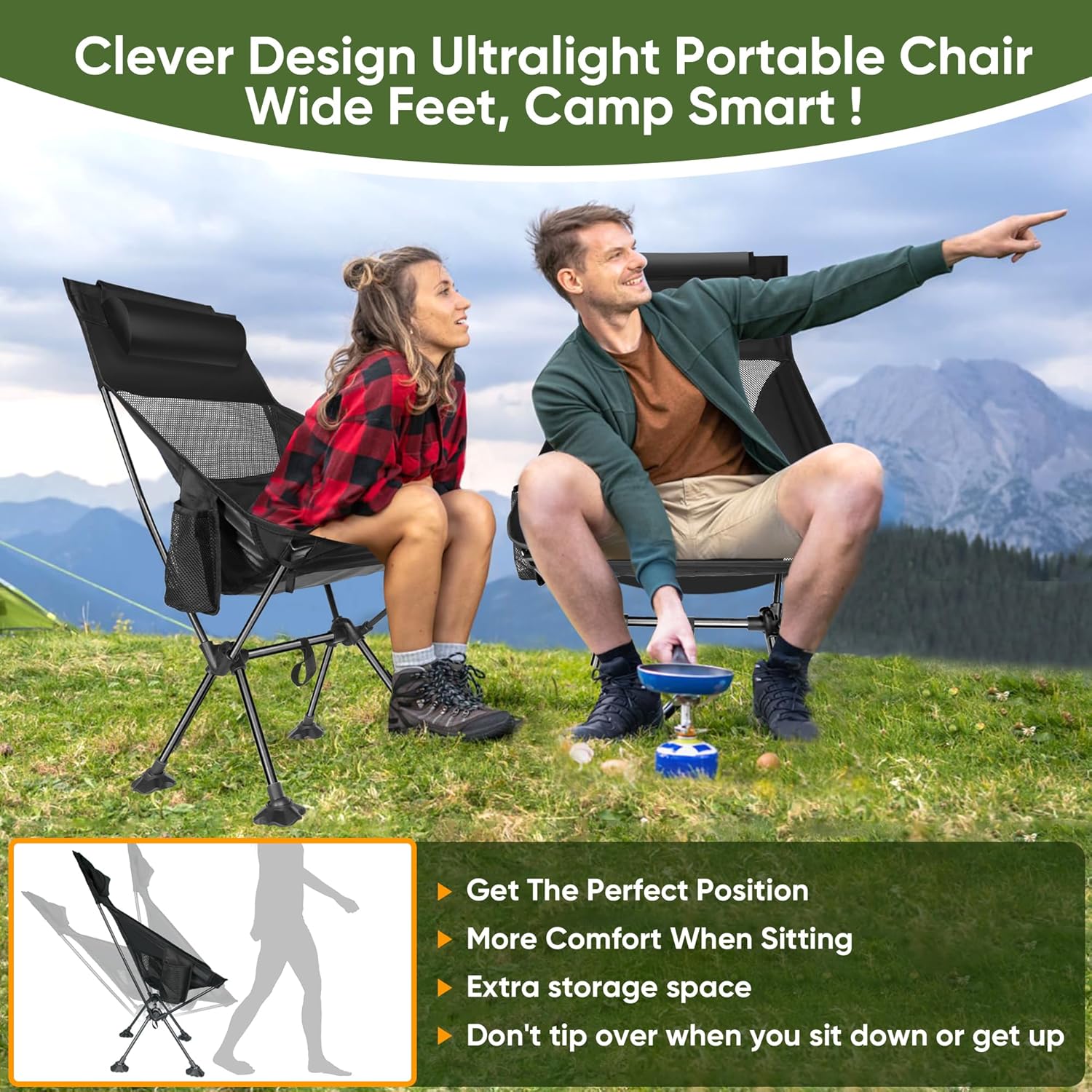 Camping Chairs,Portable Camping Chair for Adults with Headrest,Lawn Chairs Beach Chair with Anti-Sinking Feet Folding Backpacking Chair,Compact Foldable Travel Chair for Outdoor Camp Hiking Backpack - Image 3