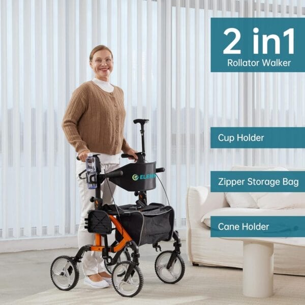 ELENKER 2 in 1 Rollator Walker & Transport Chair, Folding Wheelchair with 10” Non-Slip Wheels for Seniors, Reversible Backrest & Detachable Footrests, Orange - Image 3