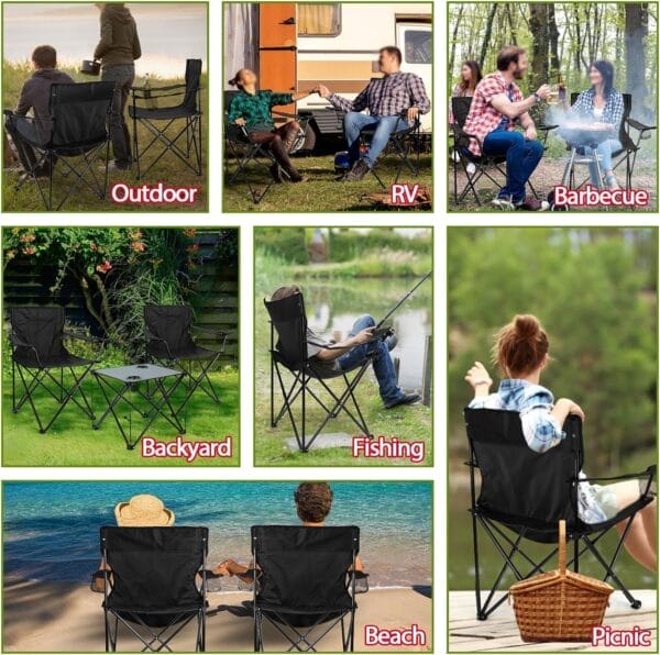 HaSteeL Folding Camping Chair Set of 3, Foldable Black Camp Chairs & Grey Table, Large Lawn Chair Portable for Adults Hiking, Fishing, Picnic, Outdoor BBQ, Travel, Sports, Cup Holders & Storage Bags - Image 5
