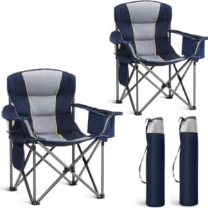 Oversized Portable Camping Folding Chair, Heavy Duty Foldable Outdoor Chair, Camp Chair with Cup Holder and Cooler Bag for Camp, Travel, Support 450 LBS, 2 Pack(Blue)…