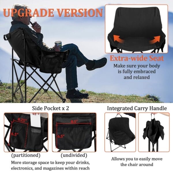 Joyfair Outdoor Camping Chair for Adult, Large Portable Folding Moon Chairs with Carry Bag for Patio Beach, Fishing, Lawn and More Outdoor Sports, 600D Oxford Fabric & Heavy Duty Steel (1, Black) - Image 5