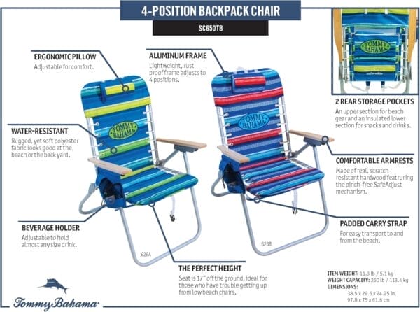 Tommy Bahama Hi-Boy 17" Seat Height 4-Position Lace-Up Suspension Folding Beach Backpack Chair, 1-Pack, Green and Blue Stripe - Image 17
