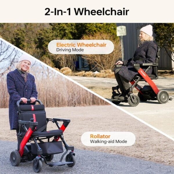 Foldable Electric Wheelchair for Adults & Seniors, Motorized Wheelchair & Rollator Walker Combo with Height-Adjustable Handles, Airline Approved, Travel Size, 18 Miles Range, Power Wheelchair, Red - Image 2