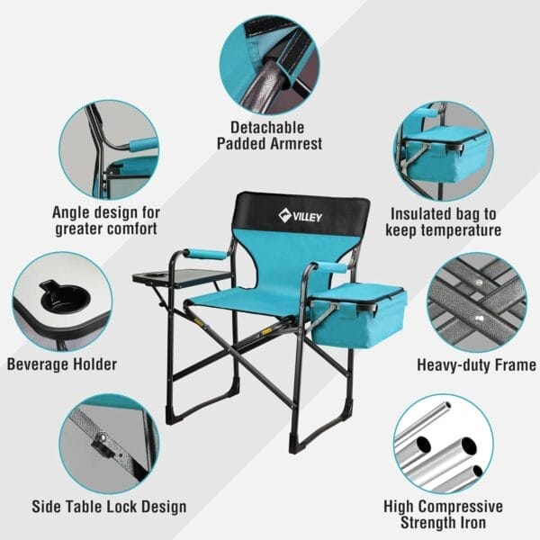 VILLEY Heavy Duty Directors Chair, Folding Camping Chairs, with Cooler Bag Portable Foldable Chair, for Camp Tailgating Lawn Picnic Fishing Beach, Supports 400 LBS, Blue - Image 4