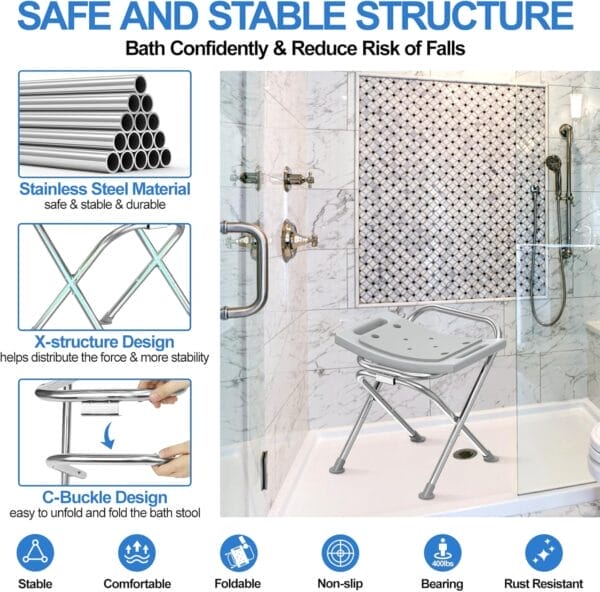 Folding Shower Chair Seat, 17.5" Stainless Steel Small Shower Chair for Inside Shower with Pad, 400lbs Portable Travel Shower Stool, Safety Anti-Slip Bath Chair for Seniors, Disabled, Gray - Image 2