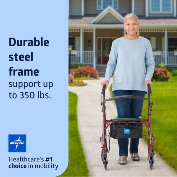 Medline Steel Rollator Walker with Seat, Burgundy, 350 lb. Weight Capacity, 6” Wheels, Foldable, Adjustable Handles, Rolling Walker for Seniors, Walker for Mobility Impaired - Image 3