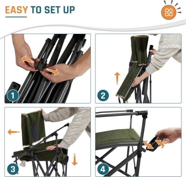 Heavy Duty Folding Camping Chair for Adults Oversized Camping Chairs Steel Frame Support 400 lbs, Metal Arm Lawn Chairs with Swivel Cup Holder, Hollow Backrest, Extra Large Outdoor Chairs, Green - Image 6