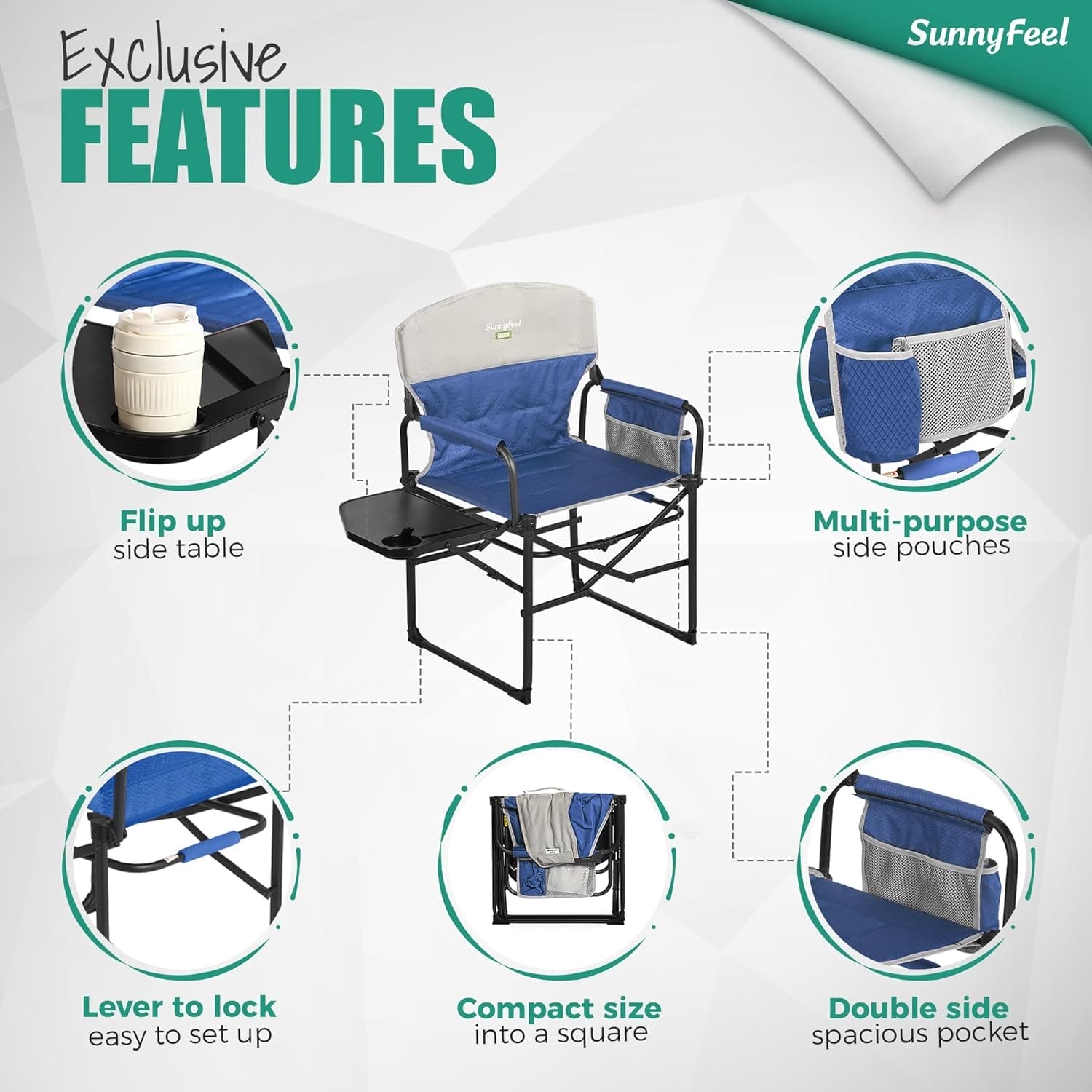 SUNNYFEEL Oversized Camping Directors Chair, Portable Folding Lawn Chairs for Adults Heavy Duty with Side Table,Pocket for Beach, Fishing,Picnic,Concert,Tailgating, Outdoor Foldable Camp Chair - Image 6