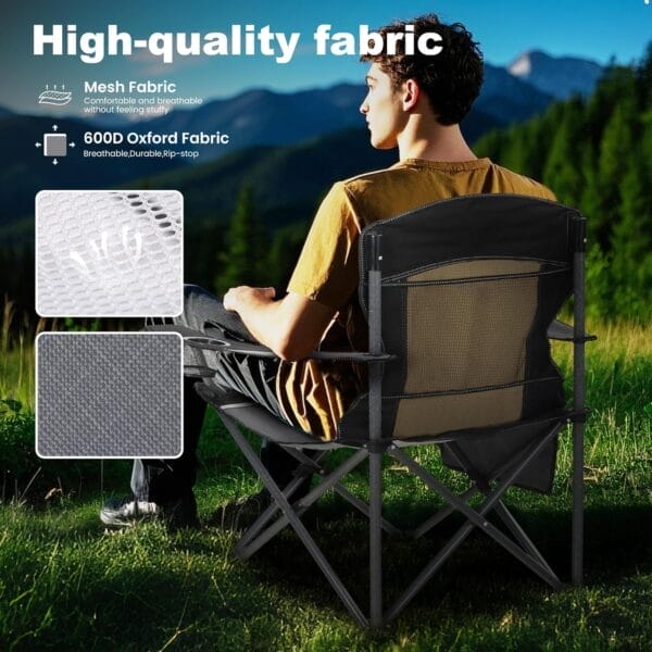 LET'S CAMP Mesh Back Camping Chair Portable Folding Heavy Duty Outdoor Chair Support 330 LBS Durable Large Arm Chair with Cup Holder and Carry Bag for Camp, Fishing, Hiking, Black - Image 5