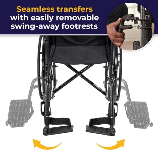 Drive Medical SSP118FA-SF Silver Sport 1 Folding Transport Wheelchair with Full Arms and Removable Swing-Away Footrest, Black - Image 6