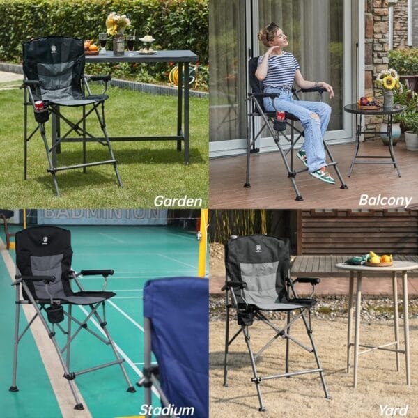 EVER ADVANCED Tall Directors Chair with Cup Holder 31", Bar Height Folding Chair for Camping, Sports with Carry Bag, Mesh Pockets and Footrest, Heavy Duty 300 lbs, Black - Image 4