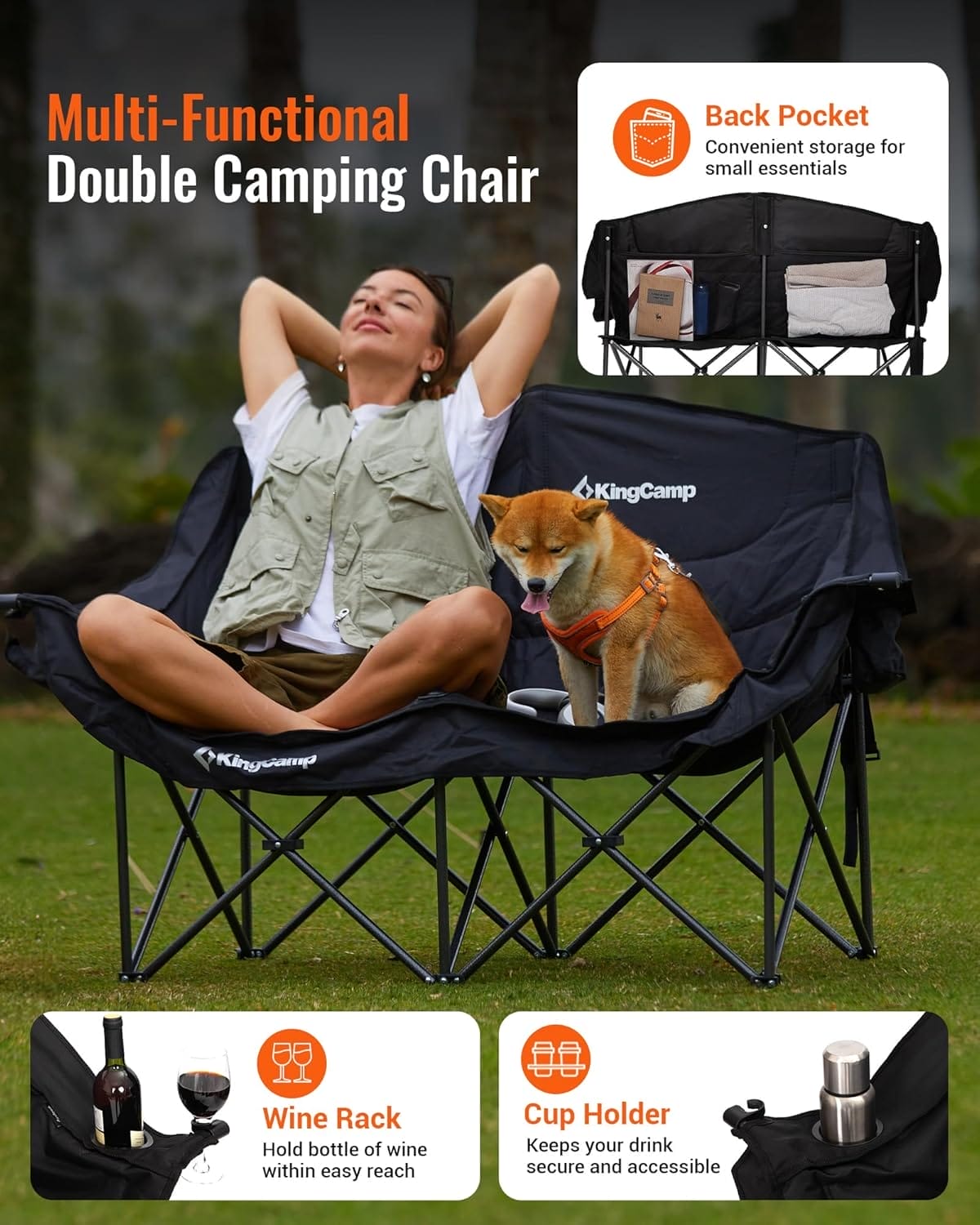 KingCamp Double Camping Chair, Oversized Heavy Duty Loveseat for Adults Portable Folding XL 2 Person Couch Padded Comfortable Two Seat with Cup Holder for Outdoor Lawn Backyard - Image 5