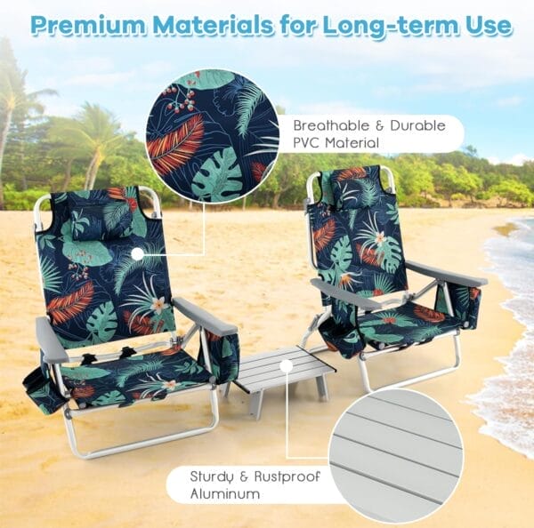 Goplus Beach Chair, Folding Backpack Beach Chairs for Adults with 5 Positions, Head Pillow, Cooler Bag, Towel Bar, Cup Holders, Sunbath Sling Tanning Lounge, Foldable Layout Camping Chairs - Image 9