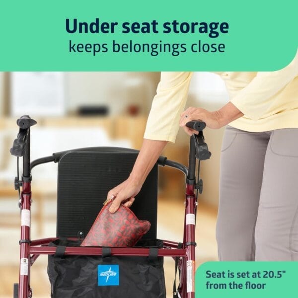 Medline Steel Rollator Walker with Seat, Burgundy, 350 lb. Weight Capacity, 6” Wheels, Foldable, Adjustable Handles, Rolling Walker for Seniors, Walker for Mobility Impaired - Image 6
