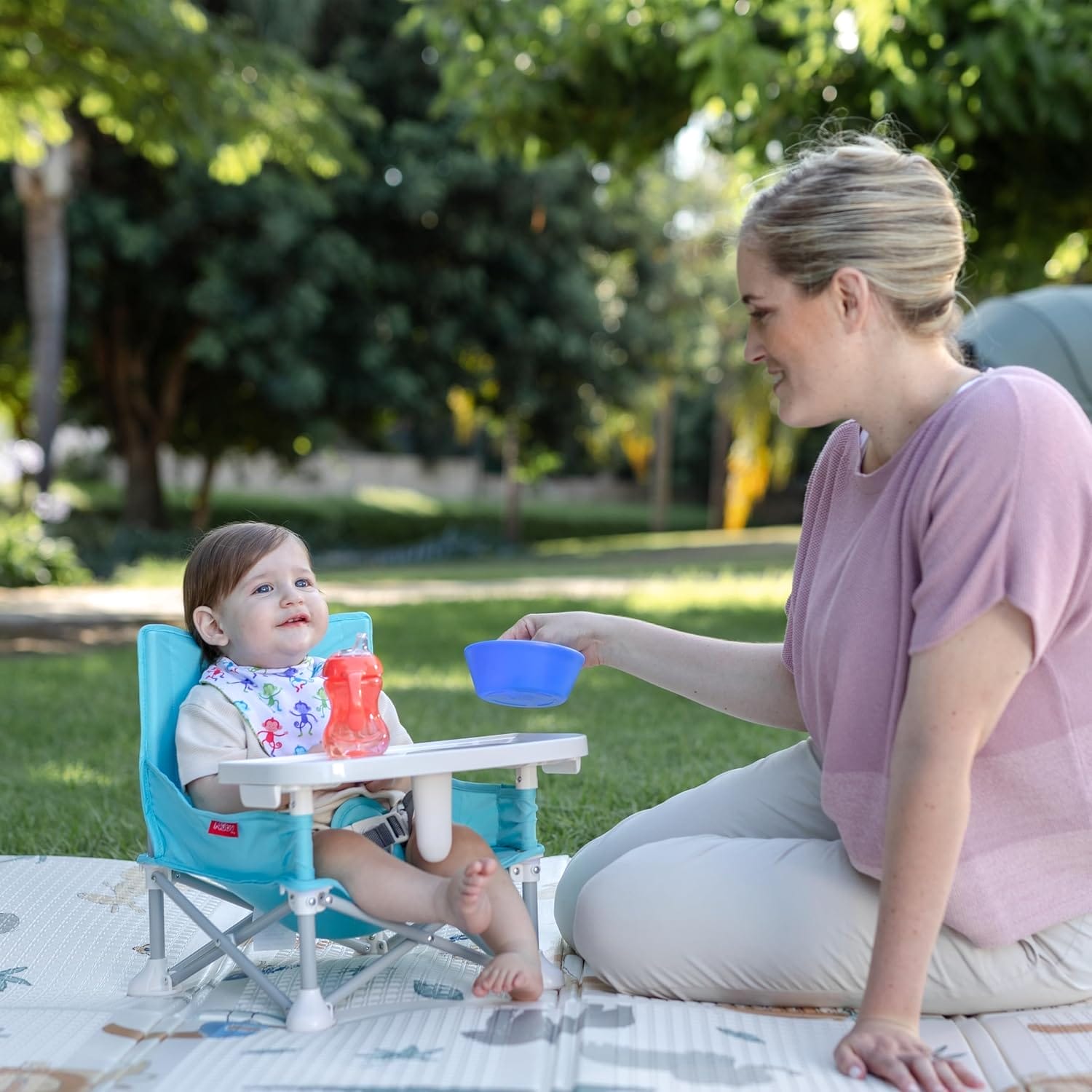 Nuby Easy Go Pop-Up Booster Seat with Removable Tray - 6+ Months - Portable Booster Seat for Floor for Indoor/Outdoor Use - 3-Point Safety Adjustable Straps - Includes Travel Bag - Stripes - Image 8