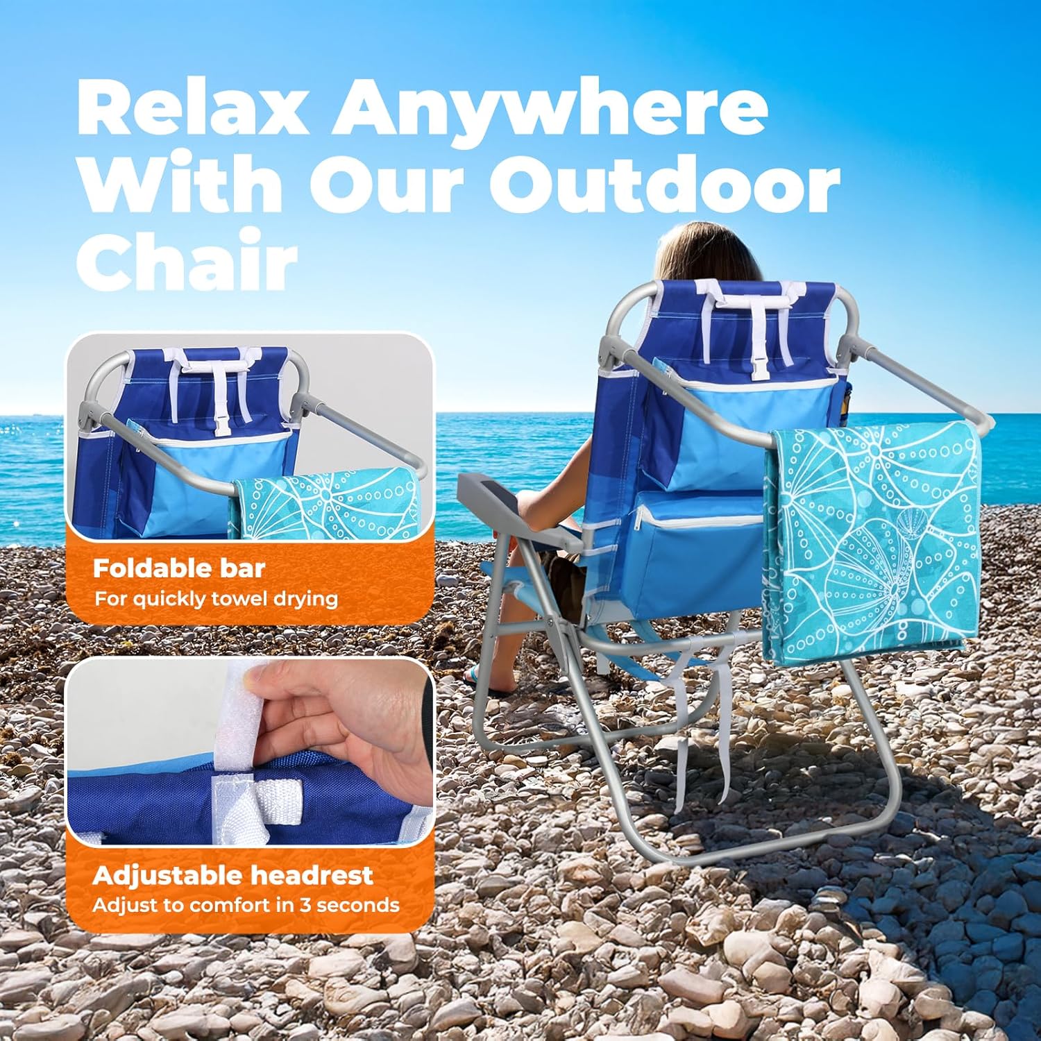 Tall Beach Chairs for Adults – 5-Position Reclining Backpack Chair with Large Insulated Cooler & Storage Pocket, Aluminum Frame, Portable for Travel & Outdoor, Supports 300lbs, Wave Blue - Image 6