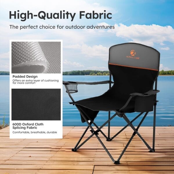 LET'S CAMP Camping Chair 2 Pack Folding Chair with 3-Can Cooler Bag Portable Lawn Chair with Cup Holder,Storage Pocket, Supports 225LBS, Collapsible Chair for Camp, Beach, Picnic (Black) - Image 6