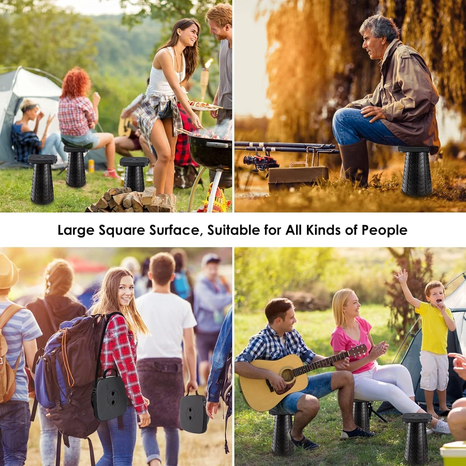 Folding Camping Stool - Square Collapsible Portable Seat with Elastic Cushion & Adjustable Nylon Bag, Sturdy Lightweight Telescoping Design, Max Load 485lb - Image 5