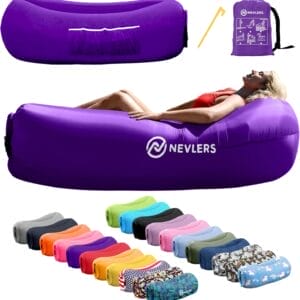 Nevlers Inflatable Lounger | 210T Polyester Inflatable Chair | No-Pump Blow Up Couch | Camping Couch Air Sofa Bed w/ 450 lbs. Cap., Pockets & Matching Bag | Use as Inflatable Couch for Adults & Kids