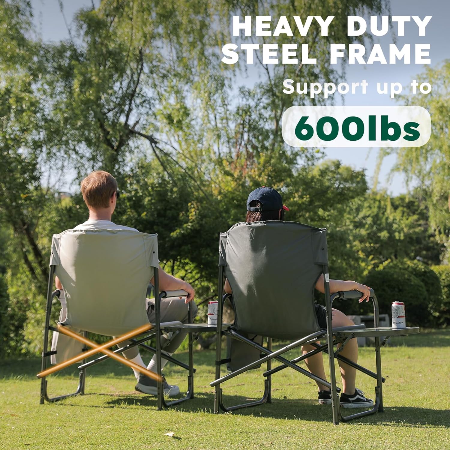 Oversized Directors Camping Chair Set of 2 Support 600 LBS, Heavy Duty Folding Outdoor Chairs with Detachable Side Pocket and Adjustable Side Table for Outside Beach,Lawn,Fishing (Black) - Image 3
