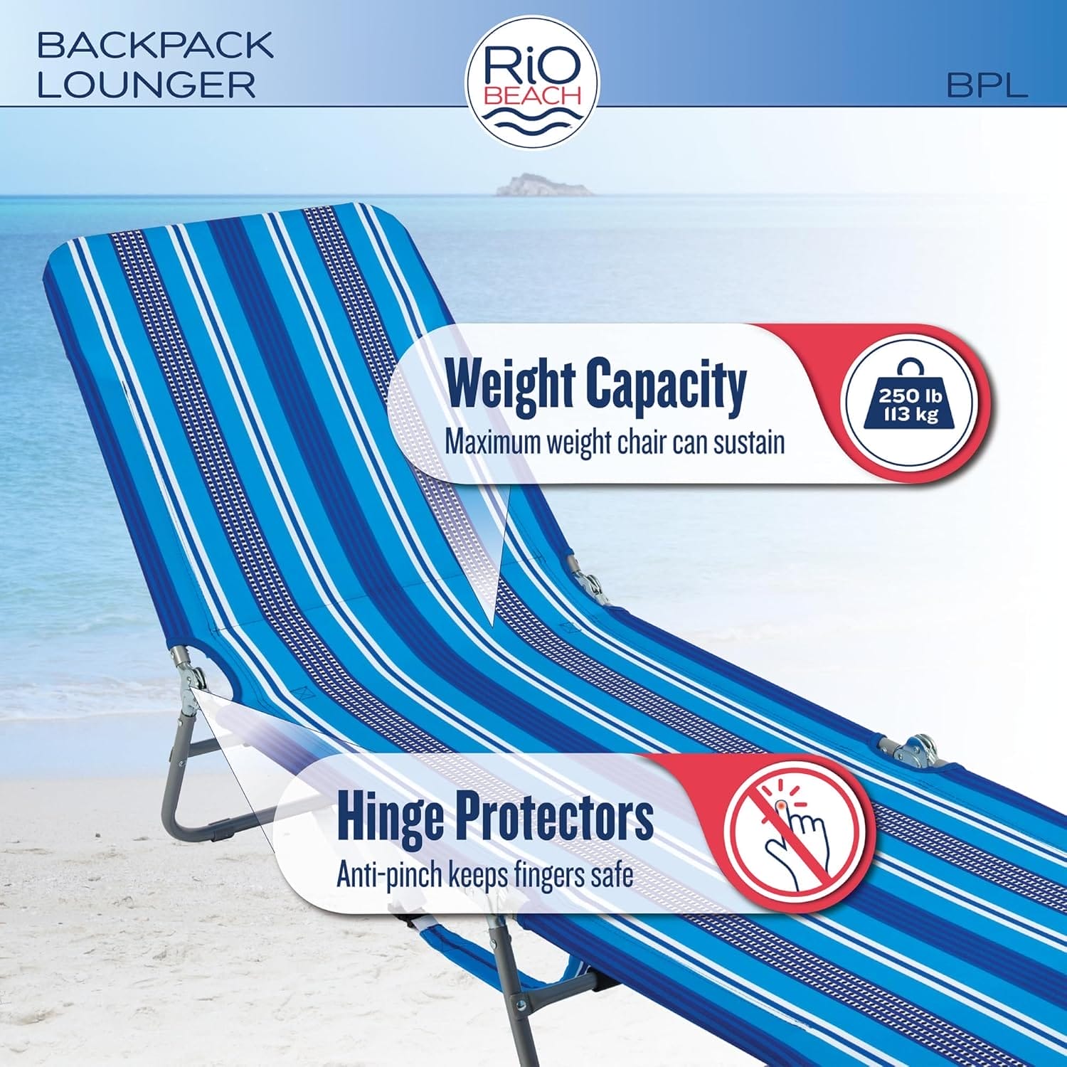 Rio Beach Portable Lay Flat Folding Backpack Beach Lounge Chair with Backpack Straps and Storage Pouch, Blue and Red - Image 3