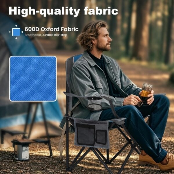LET'S CAMP Oversized Outdoor Folding Camping Chair, 2 Pack Heavy Duty Arm Chairs with Cup Holder and Storage Bag, 350 LBS Weight Capacity, Blue - Image 3