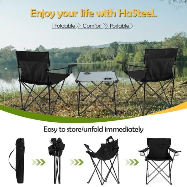 HaSteeL Folding Camping Chair Set of 3, Foldable Black Camp Chairs & Grey Table, Large Lawn Chair Portable for Adults Hiking, Fishing, Picnic, Outdoor BBQ, Travel, Sports, Cup Holders & Storage Bags - Image 6