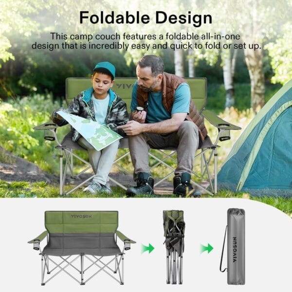 VIVOSUN Double Camping Chair, Fully Padded Folding Loveseat, Portable Oversized Duo Chair with Storage Cup Holders, Height-Adjustable Armrests & Carry Bag, Supports up to 500lbs, Green & Grey - Image 4