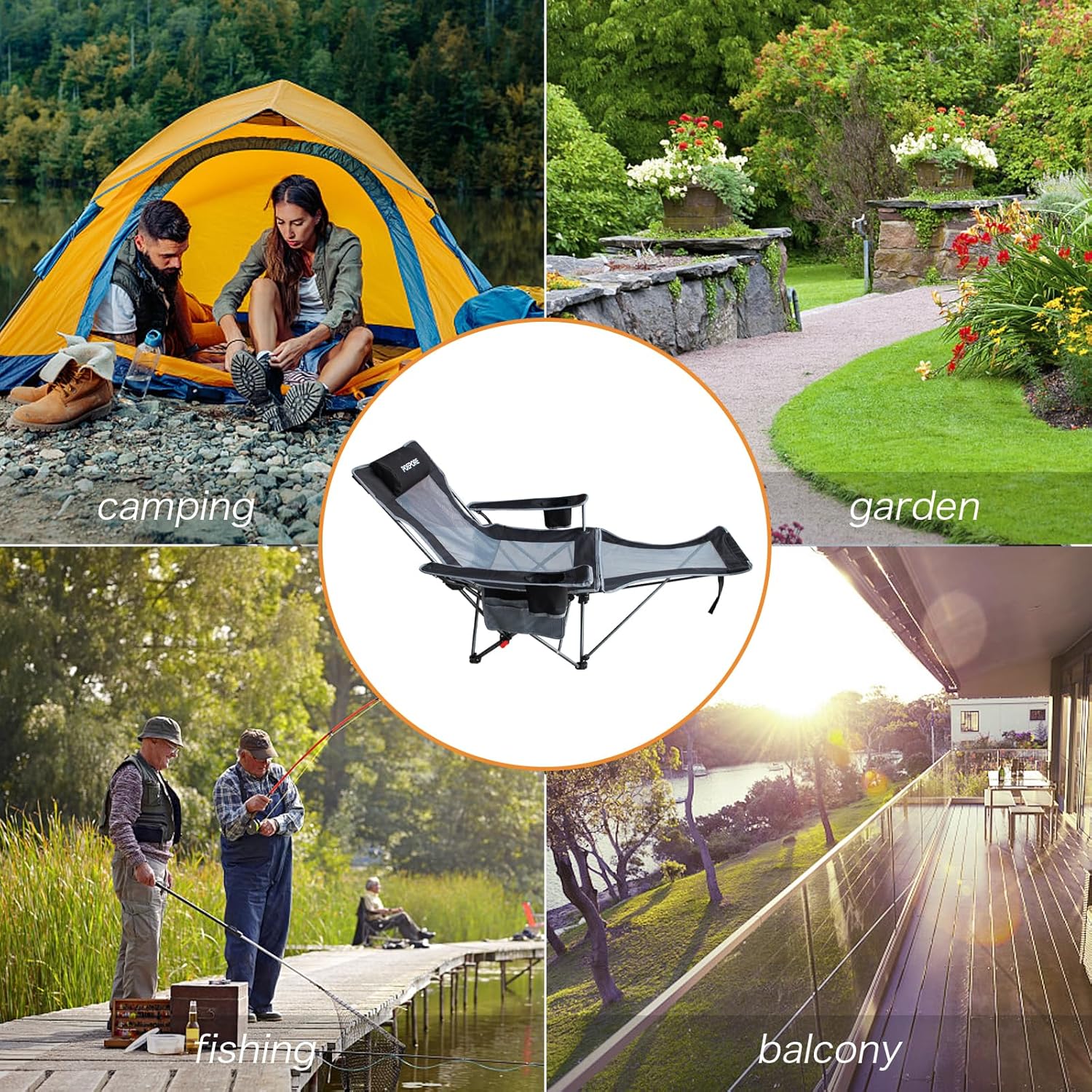 Reclining Camping Chair with Removable Footrest Lounge Chair with Headrest, Cotton Cushion, Portable Adjustable Folding Chairs for Adults Black - Image 9