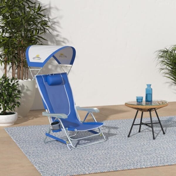 GCI OUTDOOR Sunshade Backpack Beach Chair | Reclining Folding Canopy Chair with Durable Armrests, Drink Holder & Carry Straps, Perfect for Beach Trips & Picnics — Saybrook Blue - Image 2