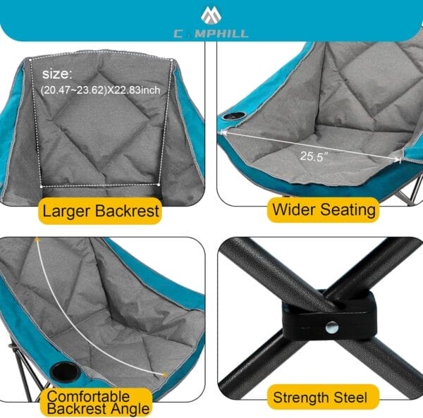 Folding Camping Chair,Oversized Portable Camping Chair with Cup Holder,Heavy Duty Padded Lawn Chair for Camping,Tailgates,Beach,and Sports,Lake Blue - Image 5