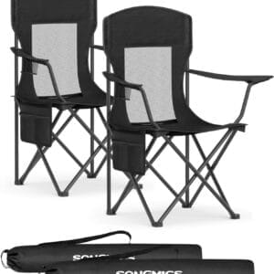 SONGMICS Breathable Camping Chairs, Foldable Outdoor Chairs Set of 2, High Back, Adjustable Armrests, Drink Holder, Weight Capacity 330 lb, for Sports Garden Backyard, Ink Black UGCB028B02