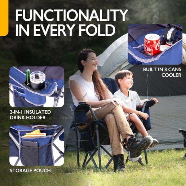 Oversized Folding Camping Chair for Adults, Supports 500 lbs – Breathable Fabric, Insulated Cup Holder, 8-Can Cooler, Padded Backrest & Seat, Storage Pouch, Carry Bag - Image 5