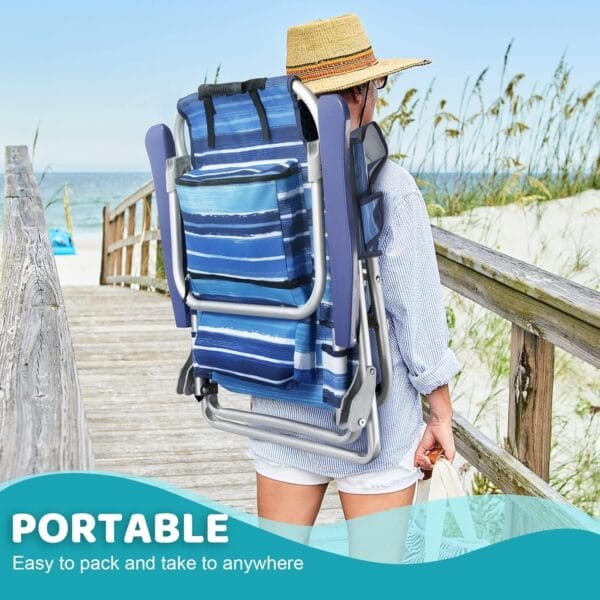 LEMBERI Backpack Beach Chairs for Adults,1/2 Pack Folding Heavy Duty Camping Chair with Large Pockets and Cup Holder,Adjustable high Beach Lounge Chairs with Towel Rack for Outdoor,Travel (1, Blue) - Image 4